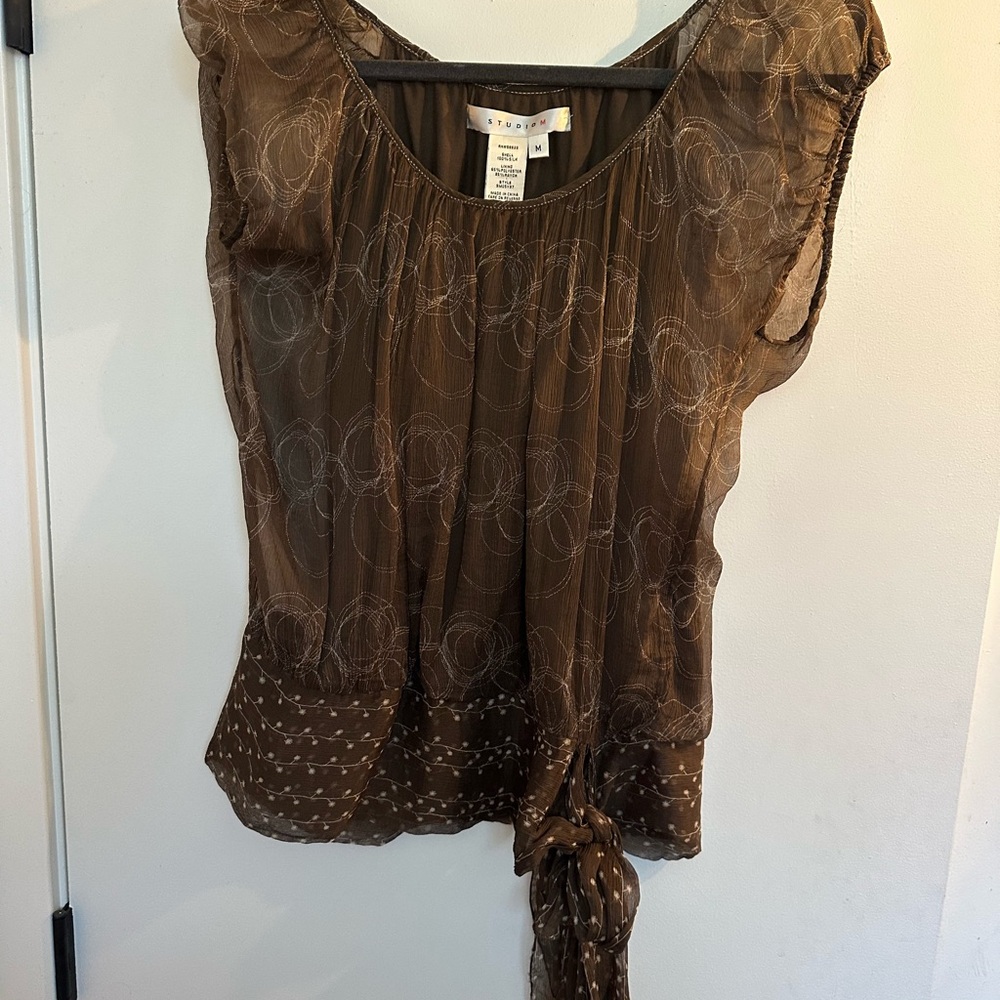 Studio M Brown Sheer Blouse with Patterned Detail